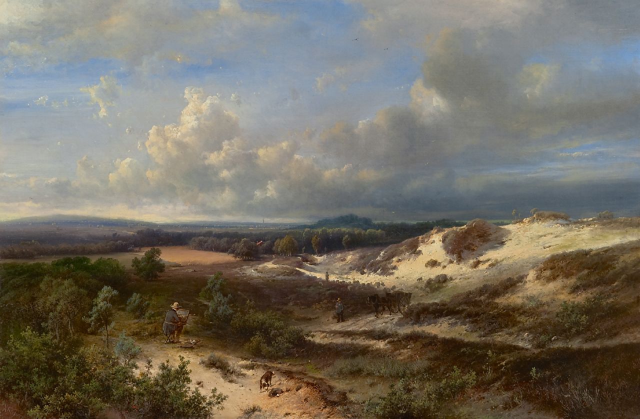 Kluyver P.L.F.  | 'Pieter' Lodewijk Francisco Kluyver | Gemälde zum Verkauf angeboten | Maler malt in den Dünen am Meer (Maler und Tiere stammen von Cornelis Springer), Öl auf Leinwand 56,5 x 84,5 cm, Unterzeichnet l.u. 'Kluyver' und r.u. 'C. Springer fig.'