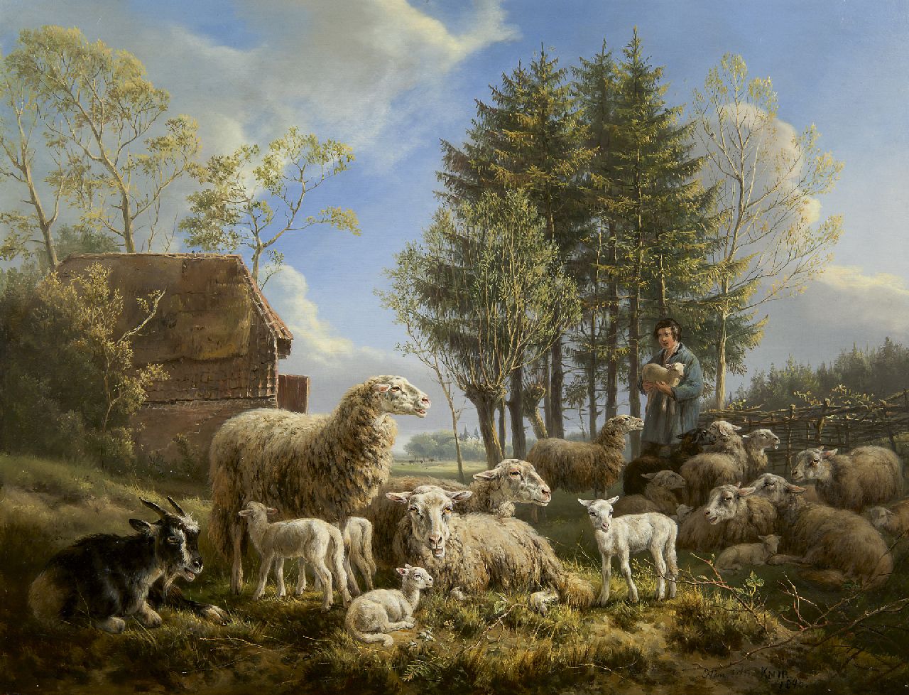Ronner-Knip H.  | Henriette Ronner-Knip, Sheep with a shepherd in a landscape, Öl auf Holz 46,3 x 60,1 cm, Unterzeichnet u.r. und datiert 1840