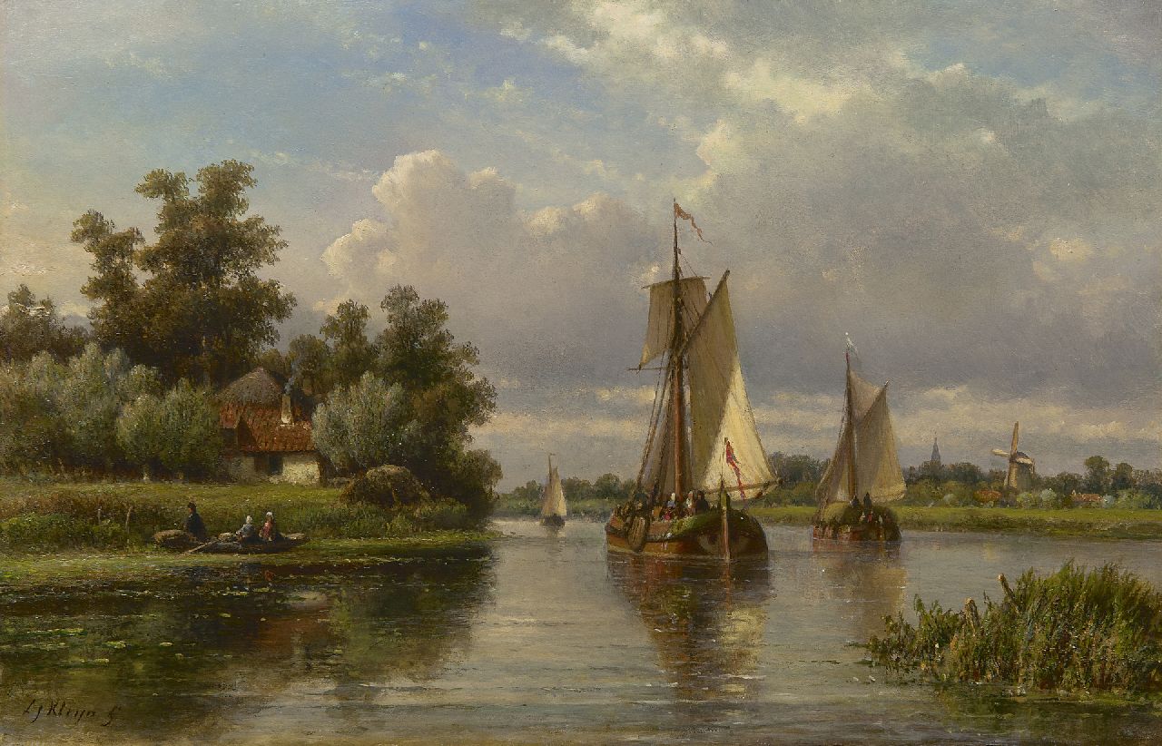 Kleijn L.J.  | Lodewijk Johannes Kleijn, Segelschiffe auf einem Fluss, Öl auf Holz 33,8 x 52,2 cm, Unterzeichnet l.u.