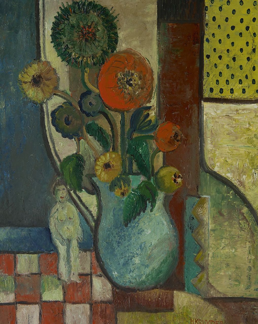 Kruyder H.J.  | 'Herman' Justus Kruyder, Stilleben mit Blumen in blauer Vase und Aktskulptur, Öl auf Leinwand 69,0 x 54,8 cm, Unterzeichnet r.u. und zu datieren um 1931