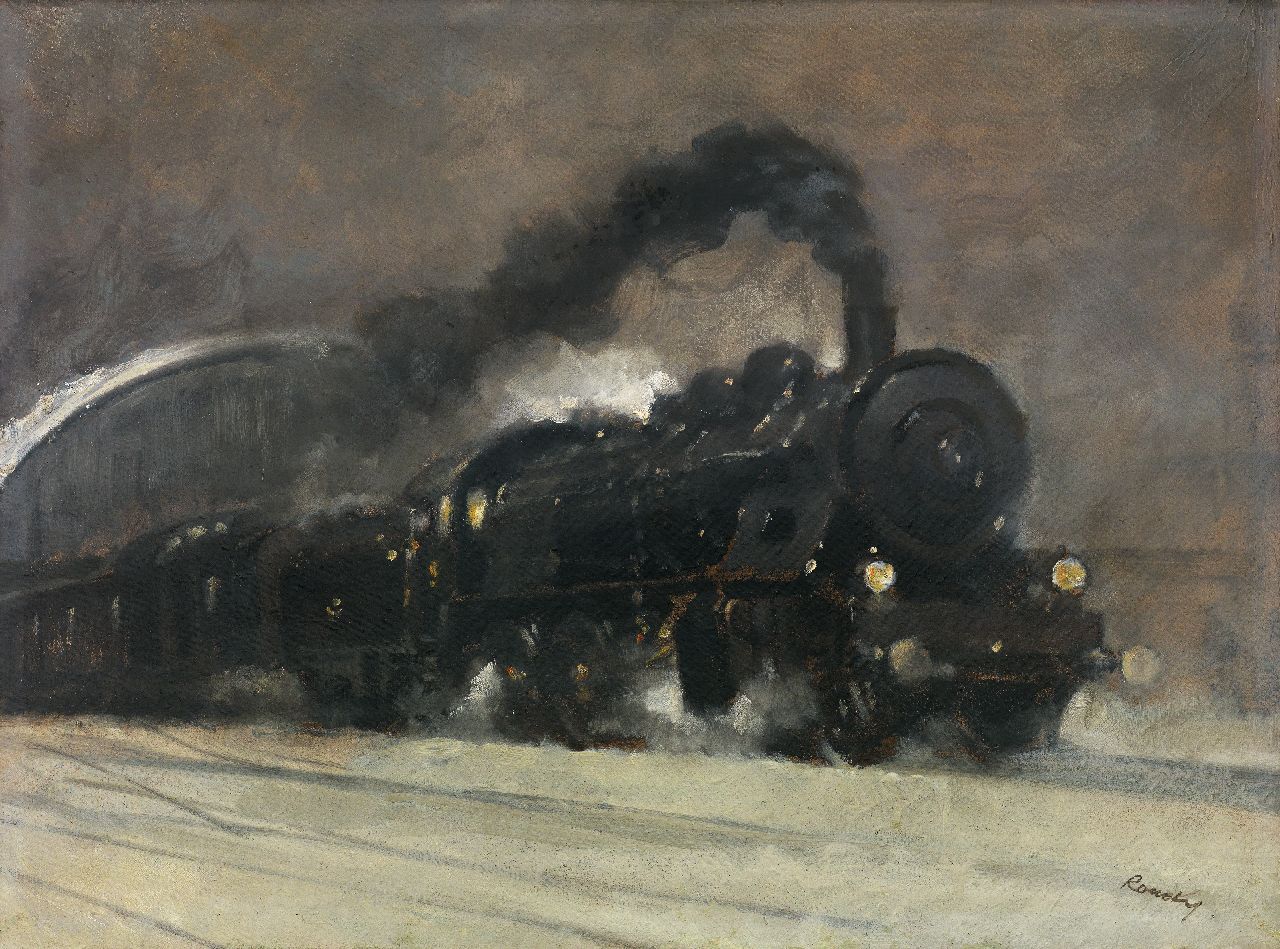 Ronek J.  | Jaroslav Ronek, Abfahrende Dampflokomotive, Öl auf Malereifaser 44,5 x 59,6 cm, Unterzeichnet r.u.