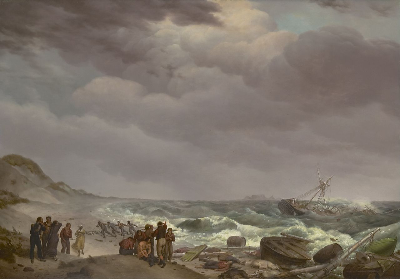 Koekkoek J.H.  | Johannes Hermanus Koekkoek | Gemälde zum Verkauf angeboten | Schiffbruch bei die Kapkolonie, Süd-Afrika, in der Ferne der 'Tafelberg', Öl auf Holz 57,4 x 82,8 cm, Unterzeichnet u.r. und datiert 1824 (unklar)