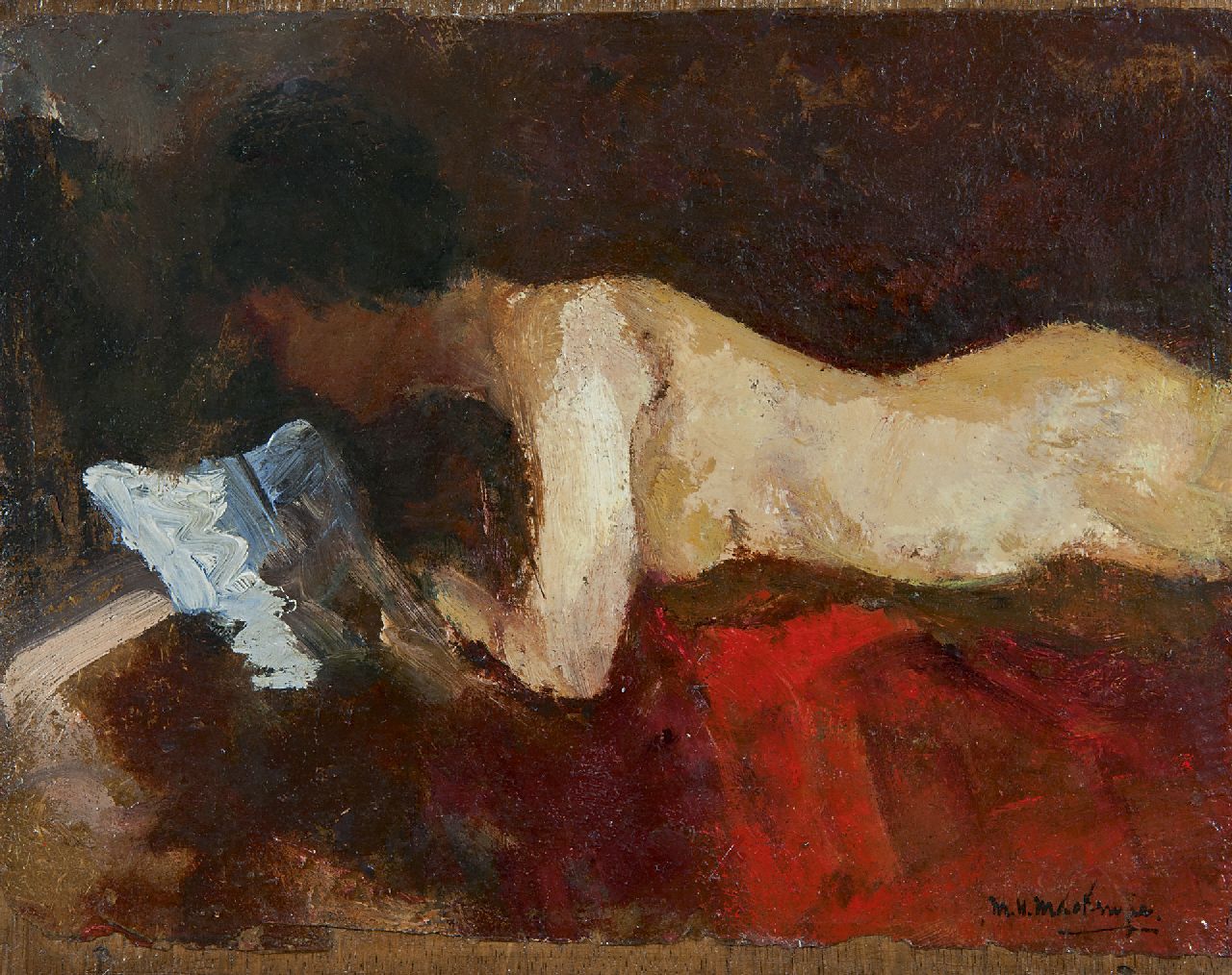 Mackenzie M.H.  | Marie Henri Mackenzie, Liegender Frauenakt, Öl auf Holz 17,2 x 21,3 cm, Unterzeichnet u.r.