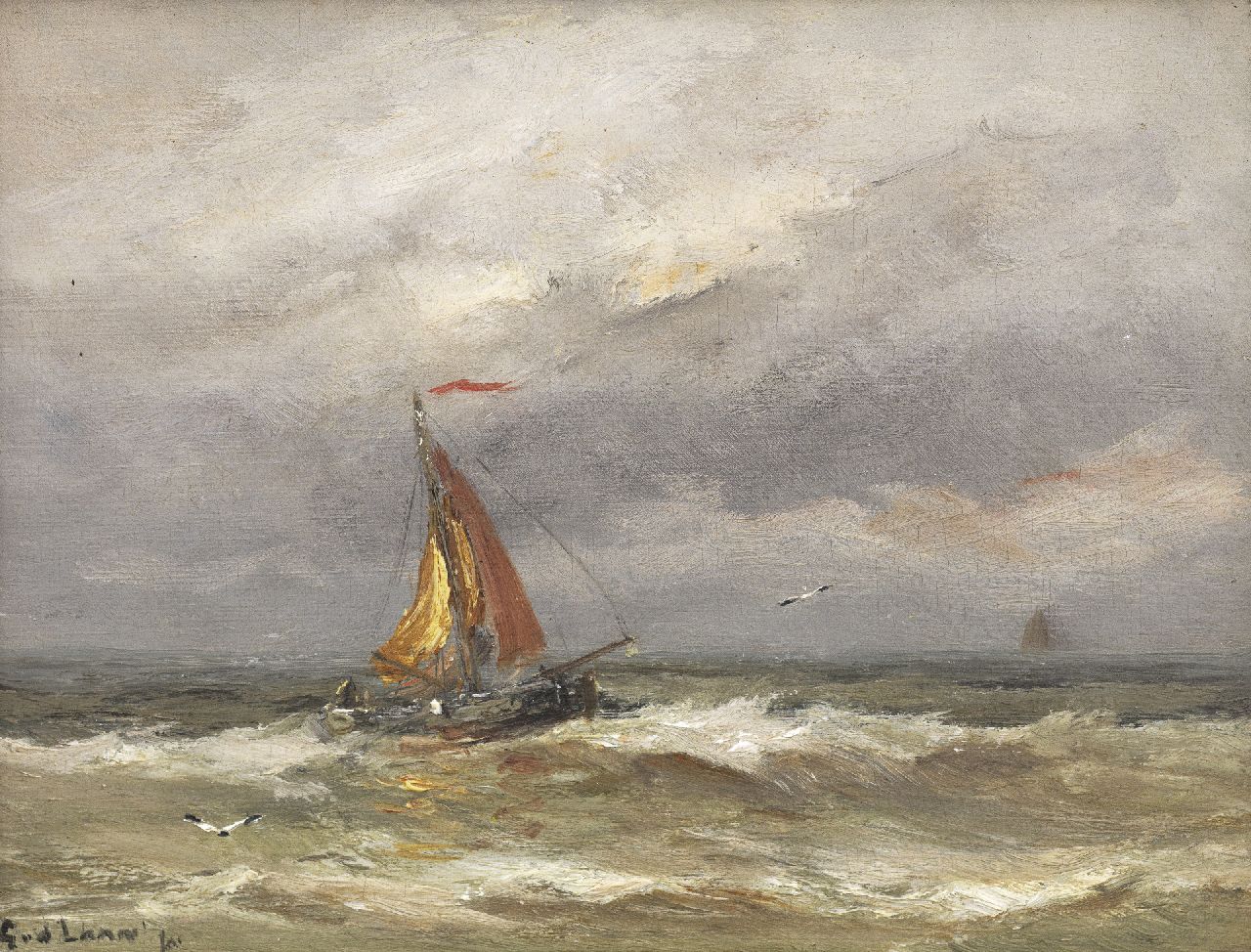 Laan G. van der | Gerard van der Laan, Fischerboot vor der holländischen Küste bei Katwijk, Öl auf Holz 15,0 x 19,8 cm, Unterzeichnet u.l.