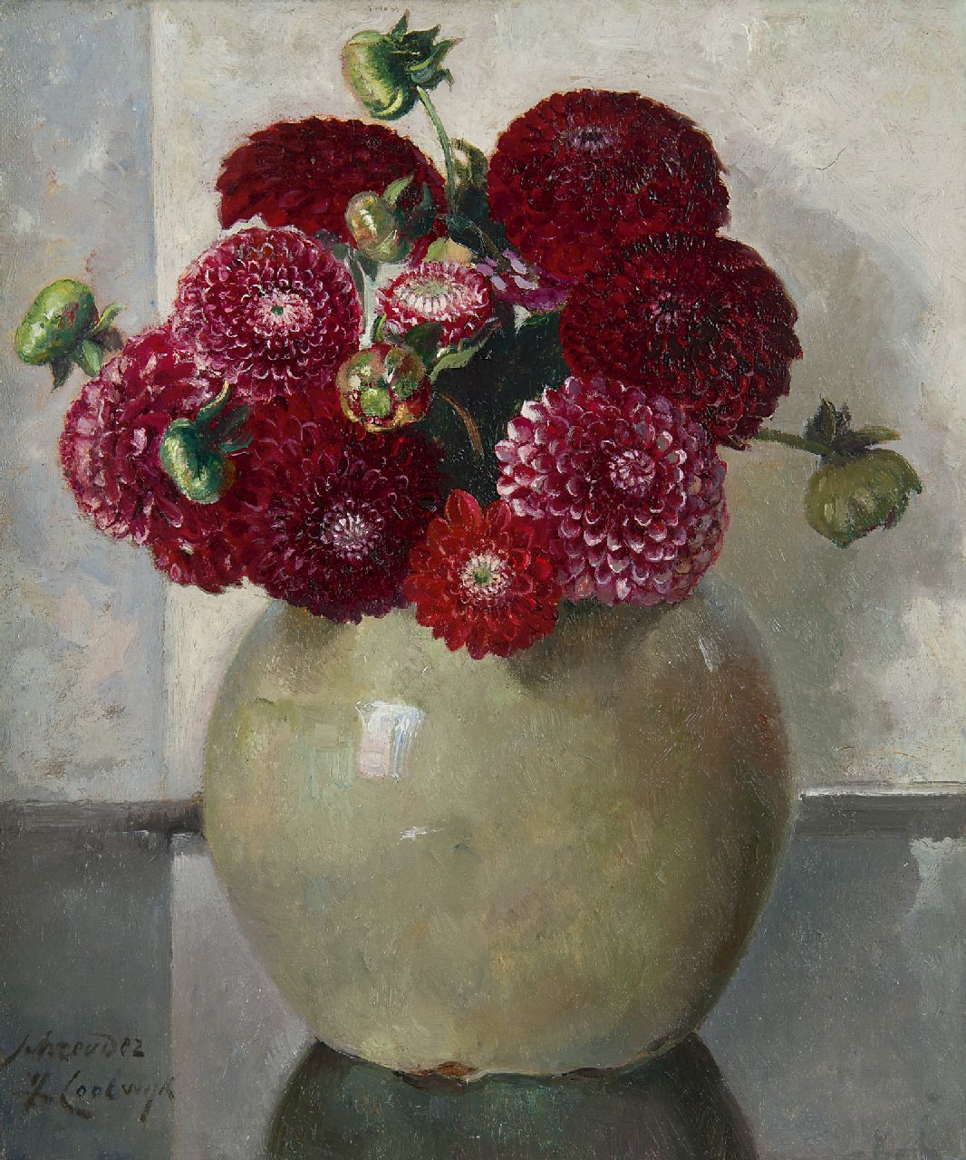 Schreuder van de Coolwijk J.H.W.M.  | 'Jan' Hendrik Willem Maurits Schreuder van de Coolwijk, Dahlias, Öl auf Leinwand 30,0 x 25,2 cm, Unterzeichnet u.l.