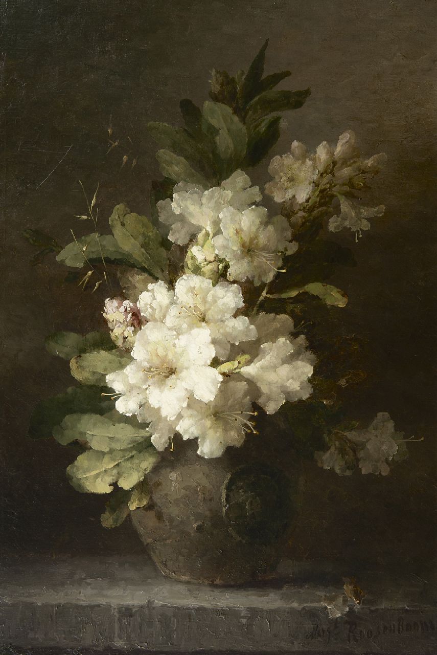 Roosenboom M.C.J.W.H.  | 'Margaretha' Cornelia Johanna Wilhelmina Henriëtta Roosenboom, Rhododendronzweige in einer Vase, Öl auf Leinwand 64,8 x 43,5 cm, Unterzeichnet u.r.