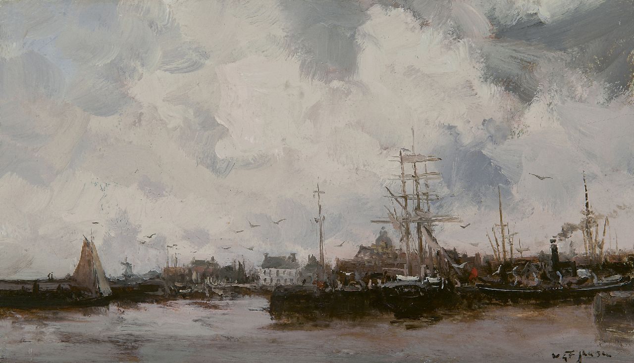 Jansen W.G.F.  | 'Willem' George Frederik Jansen, Der Hafen Nieuwe Willemshaven in Harlingen, Öl auf Leinwand 20,2 x 34,8 cm, Unterzeichnet u.r.