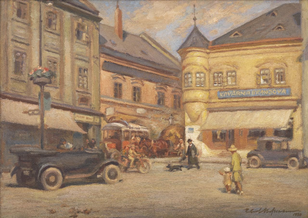 Hofmann R.  | Robert Hofmann | Gemälde zum Verkauf angeboten | Marktplatz in Kroměříž mit dem berühmten Kaffeehaus Kavárna Brándova, Öl auf Malereifaser 38,3 x 53,0 cm, Unterzeichnet u.l. und datiert 1930