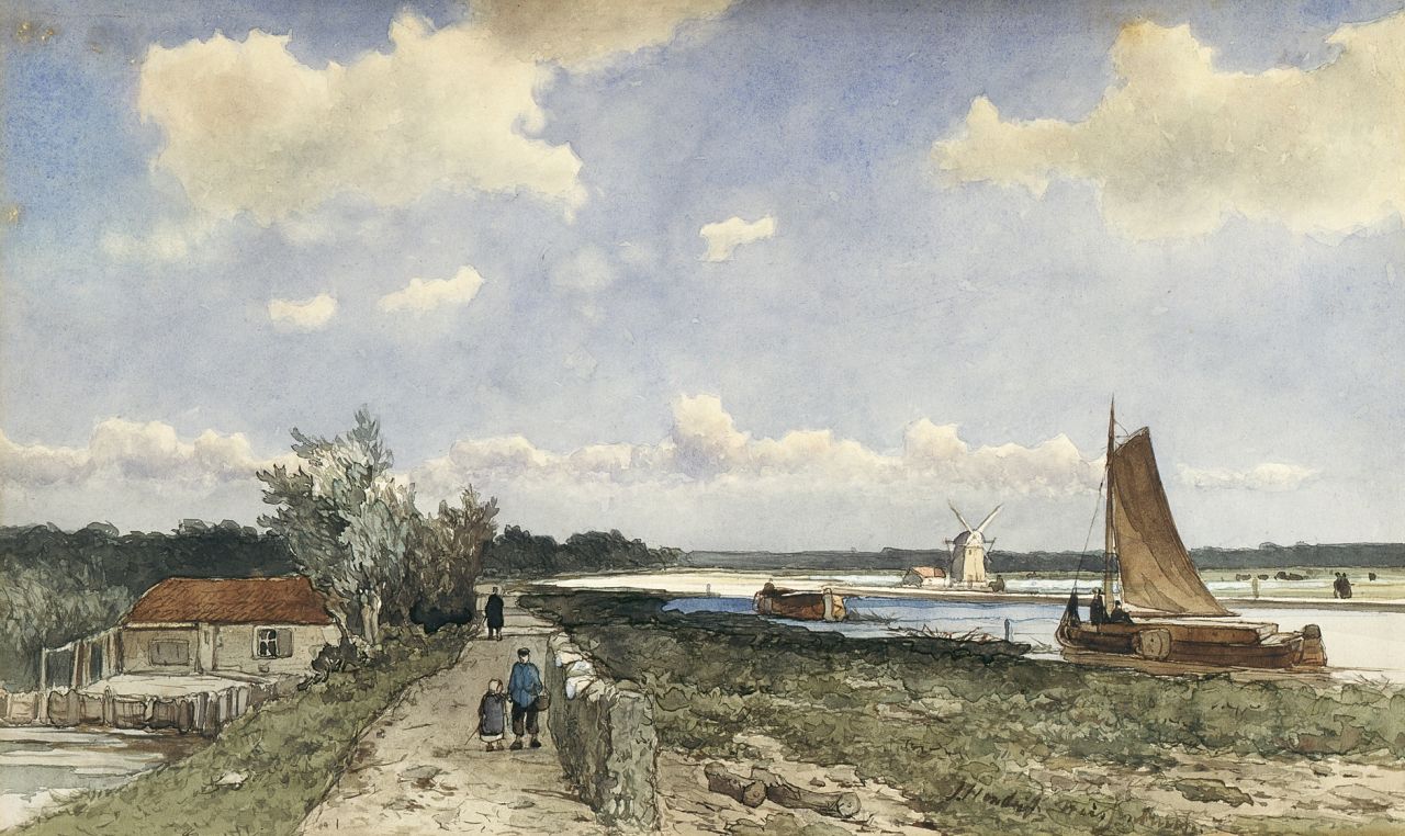 Weissenbruch H.J.  | Hendrik Johannes 'J.H.' Weissenbruch, Along the 'trekvliet' near the Geestbrug, Aquarell auf Papier 19,9 x 33,3 cm, signed l.r.