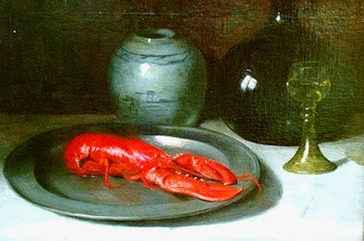 Goudriaan J.M.A.  | 'Johanna' Margaretha Alida  Goudriaan, A still life with a lobster on a pewter dish, Öl auf Leinwand 43,0 x 60,2 cm