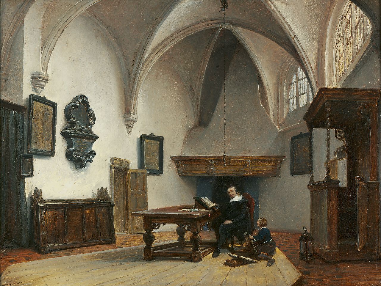 Bosboom J.  | Johannes Bosboom, Das Konsistorialzimmer in der Grote Kerk, Breda, Öl auf Holz 37,5 x 45,5 cm, Unterzeichnet r.u. in Schutzfarbe und zu datieren um 1850