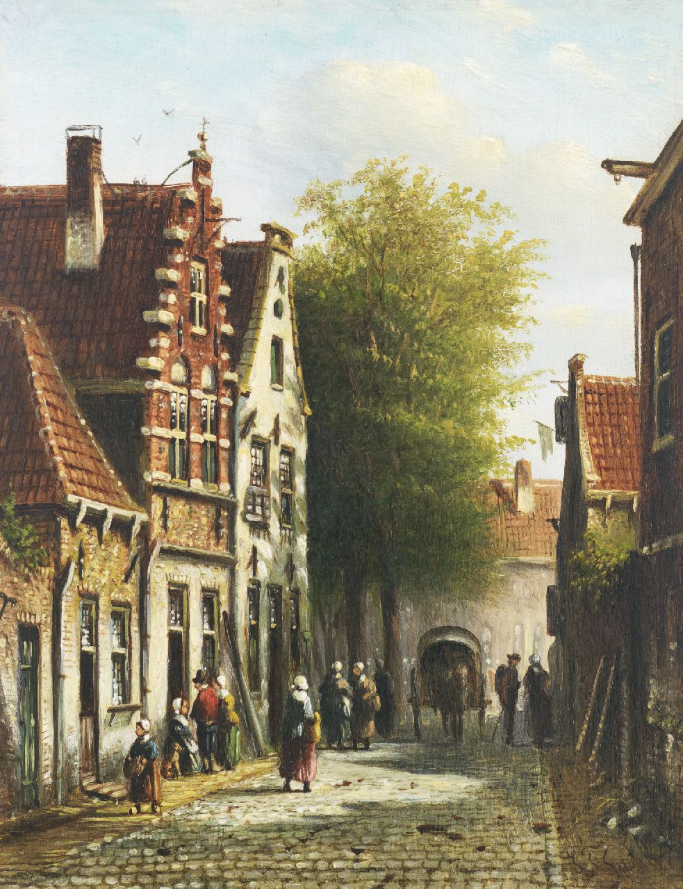 Spohler J.F.  | Johannes Franciscus Spohler, Sommerliche Gasse mit Figuren und Pferd und Wagen, Öl auf Holz 19,0 x 14,9 cm, Unterzeichnet u.r.