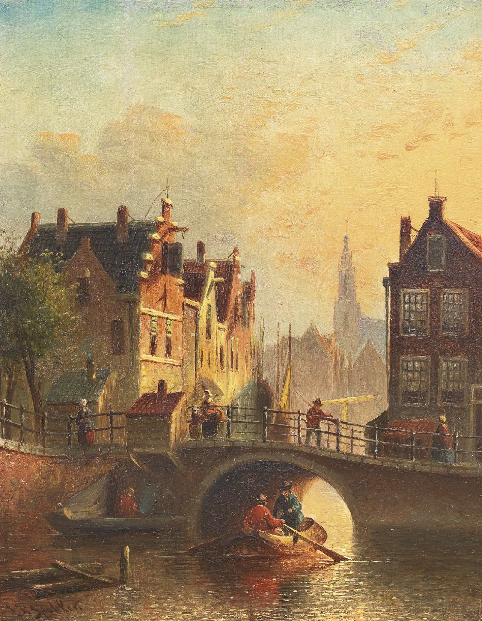 Spohler J.F.  | Johannes Franciscus Spohler, Flussansicht mit Bogenbrücke und Ruderboot, Öl auf Holz 19,0 x 14,8 cm, Unterzeichnet u.l.