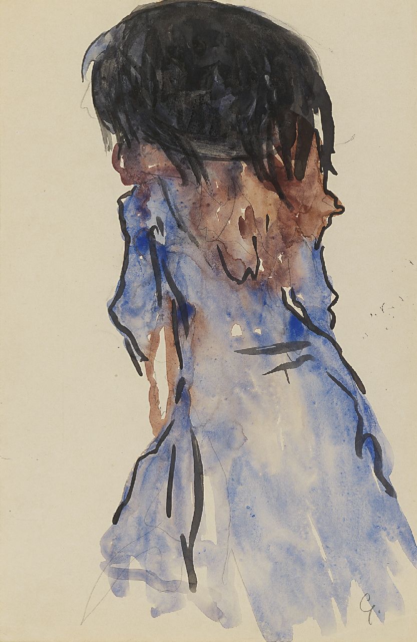 Gestel L.  | Leendert 'Leo' Gestel, Frau mit Federhut, auf den Rücken gesehen, Bleistift und Aquarell auf Papier 30,5 x 20,2 cm, Unterzeichnet u.r. mit Initiale und zu datieren um 1908