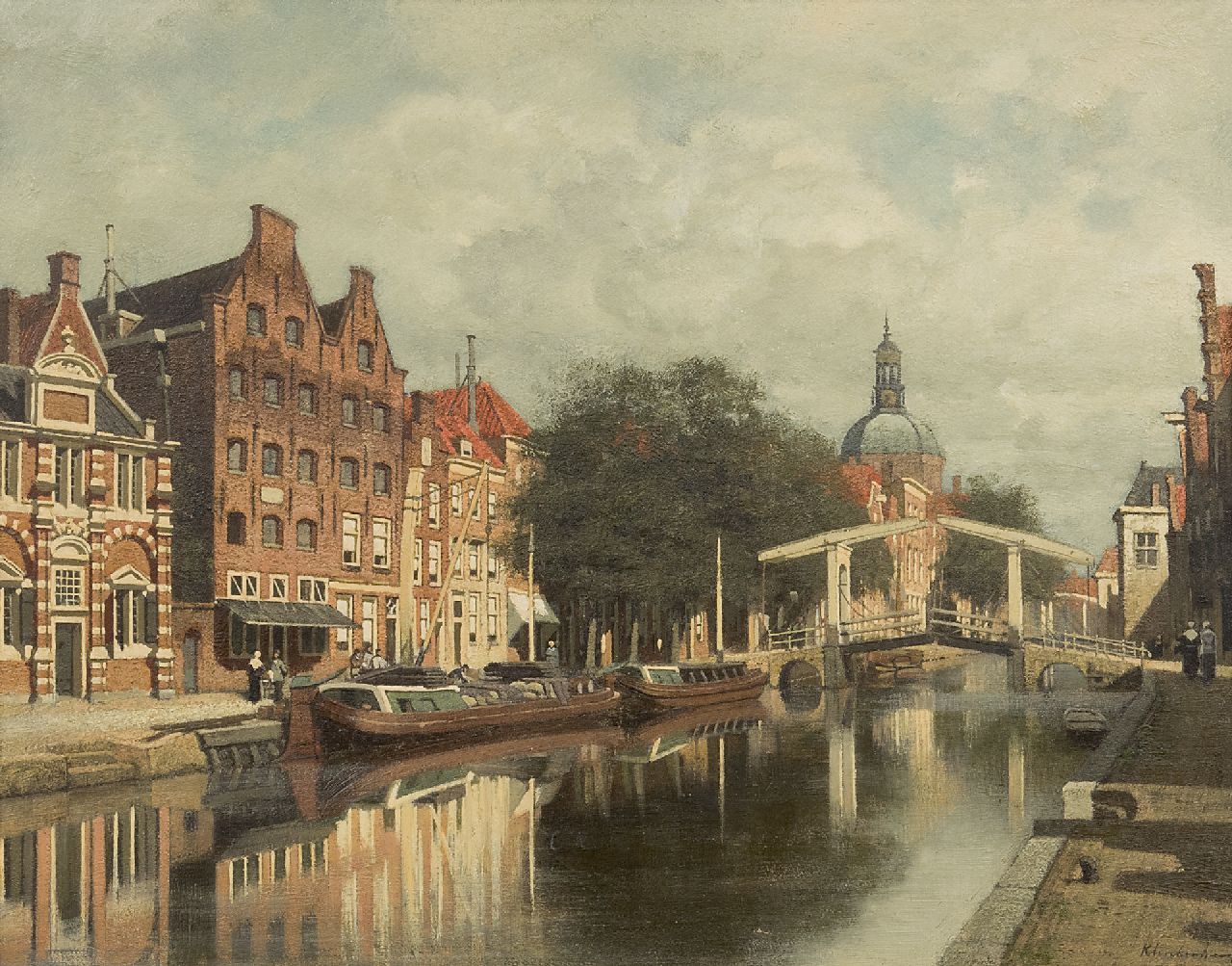 Klinkenberg J.C.K.  | Johannes Christiaan Karel Klinkenberg | Gemälde zum Verkauf angeboten | Der Oude Rijnkanal in Leiden und die Marekerk, Öl auf Holz 39,3 x 51,0 cm, Unterzeichnet u.r.