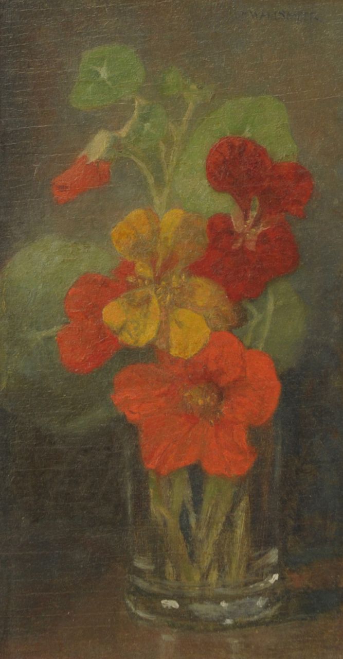 Wandscheer M.W.  | Maria Wilhelmina 'Marie' Wandscheer, Nasturtiuen in einer gläsernen Vase, Öl auf Holz 24,3 x 13,4 cm, Unterzeichnet r.o.