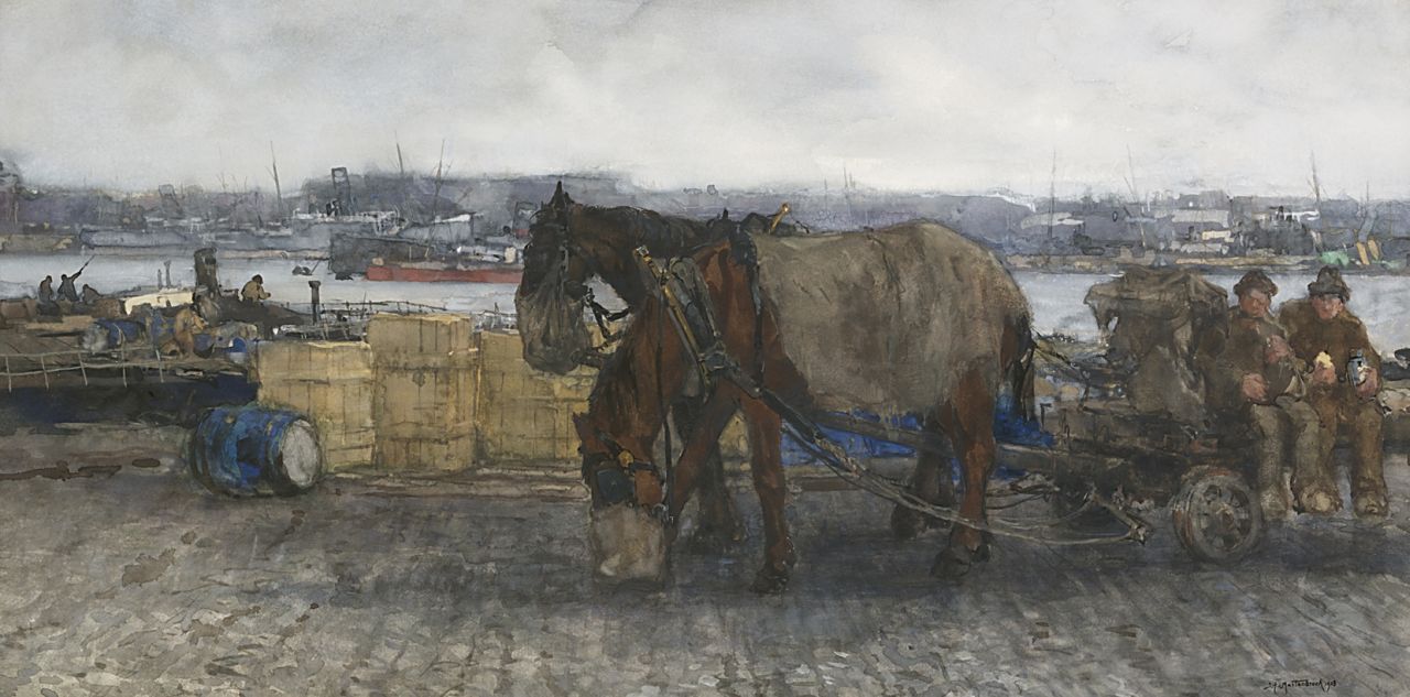 Mastenbroek J.H. van | Johan Hendrik van Mastenbroek, Mittagspause im Rotterdamer Hafen, Aquarell auf Papier 46,5 x 91,0 cm, Unterzeichnet r.u.