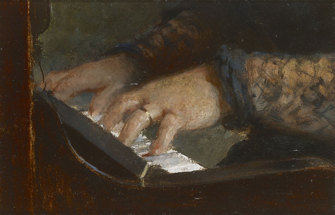 Lang A.  | Albert Lang, Klavierspielende Marie Lang, Frau des Malers, Öl auf Holzfaser 14,1 x 21,1 cm