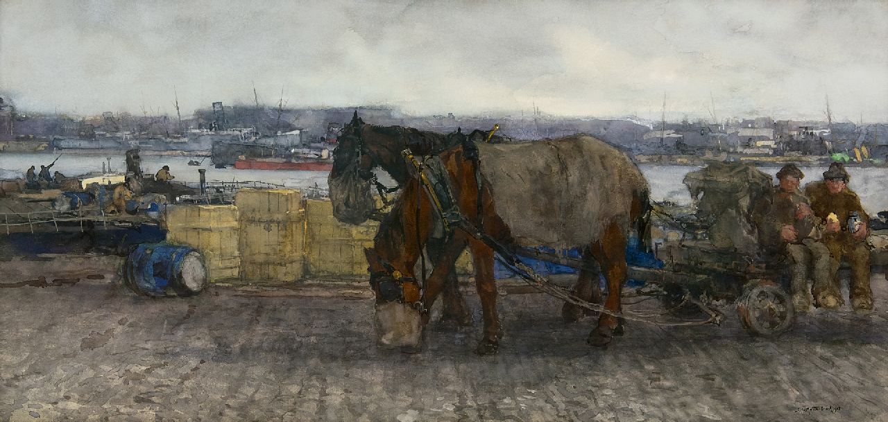 Mastenbroek J.H. van | Johan Hendrik van Mastenbroek, Mittagspause im Rotterdamer Hafen, Aquarell auf Papier 46,5 x 91,0 cm, Unterzeichnet u.r. und datiert 1903