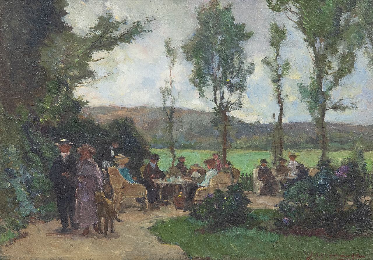 Akkeringa J.E.H.  | 'Johannes Evert' Hendrik Akkeringa | Gemälde zum Verkauf angeboten | Der Teegarten, Öl auf Holz 17,4 x 24,6 cm, Unterzeichnet r.u.