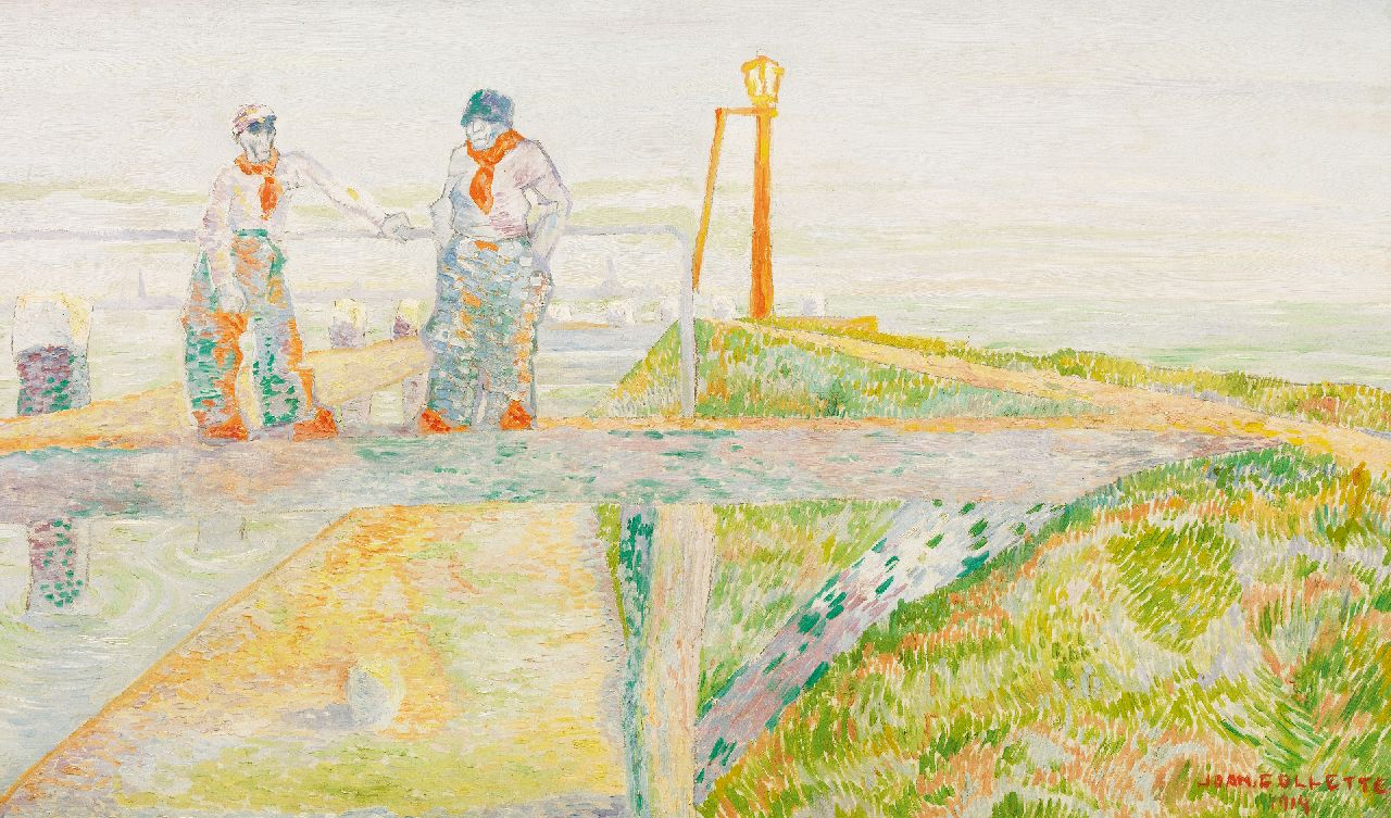 Joan Collette | Fischer auf dem Deich, Öl auf Holzfaser, 45,7 x 76,6 cm, Unterzeichnet u.r. und datiert 1914