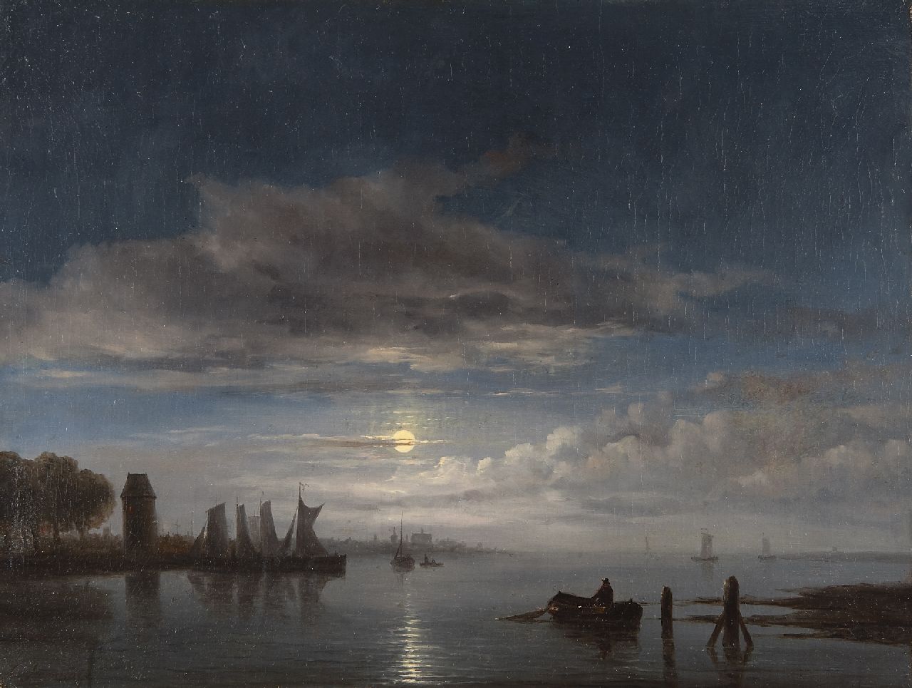Immerzeel C.  | Christiaan Immerzeel, Angelegte Segelschiffe bei Mondlicht, Öl auf Leinwand 46,8 x 62,4 cm, Unterzeichnet l.u.