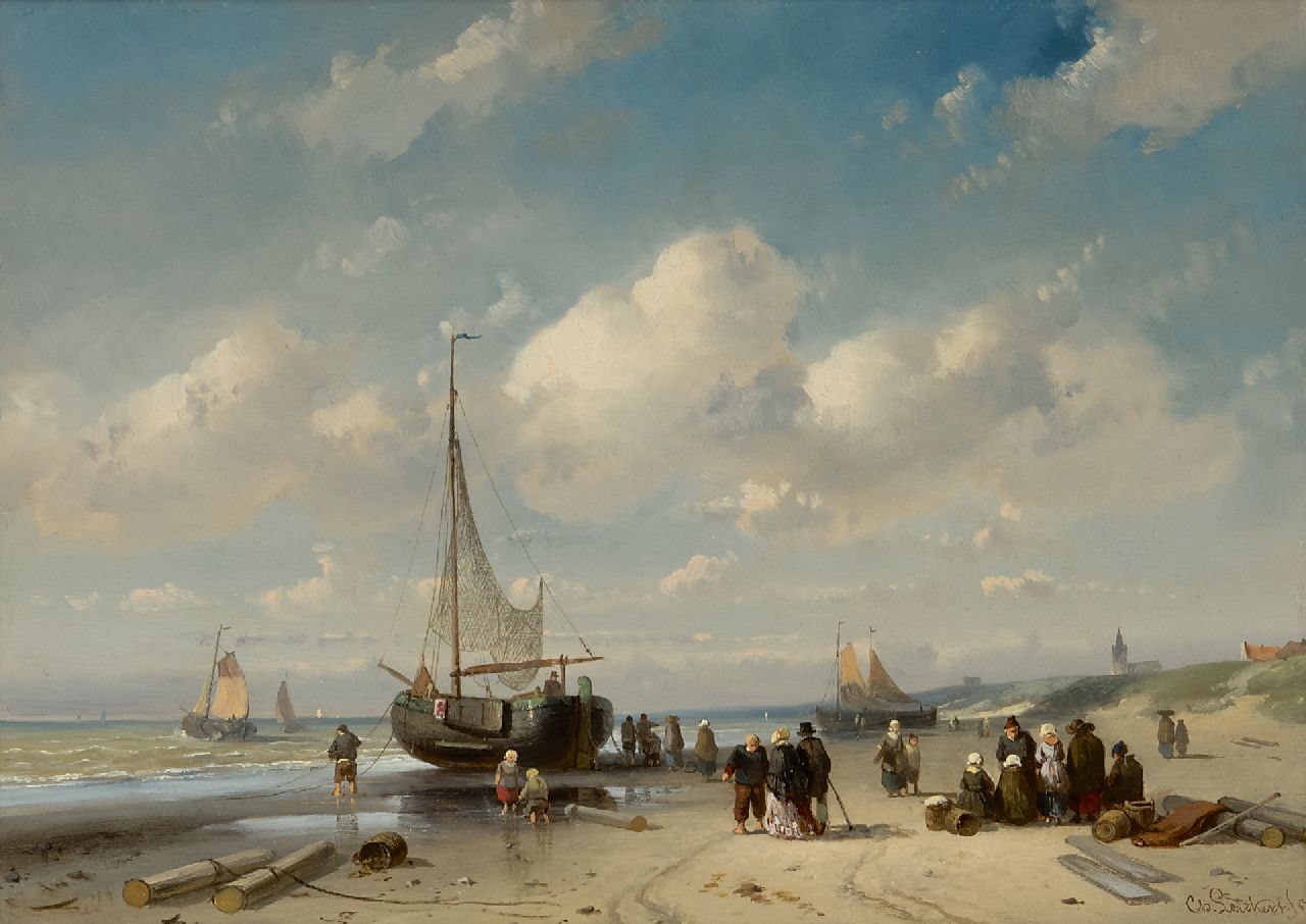 Leickert C.H.J.  | 'Charles' Henri Joseph Leickert | Gemälde zum Verkauf angeboten | Fischer und Spaziergänger auf dem Strand bei Scheveningen, Öl auf Holz 27,5 x 38,7 cm, Unterzeichnet u.r. mit vollem Namen und u.l. unklar und datiert '57