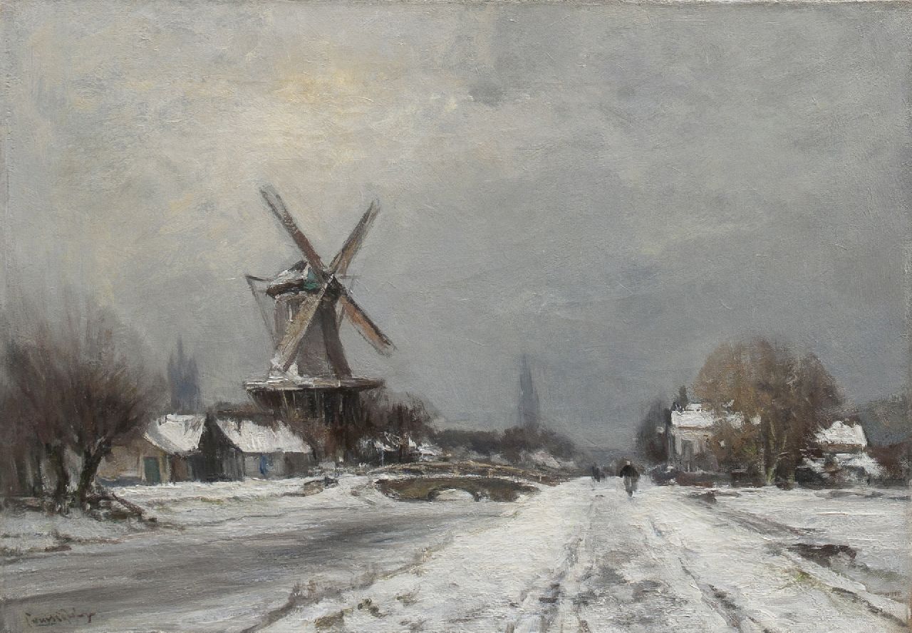 Apol L.F.H.  | Lodewijk Franciscus Hendrik 'Louis' Apol, Windmühle am Kanal in einer Winterlandschaft bei Delft, Öl auf Leinwand 42,6 x 60,3 cm, Unterzeichnet u.l.