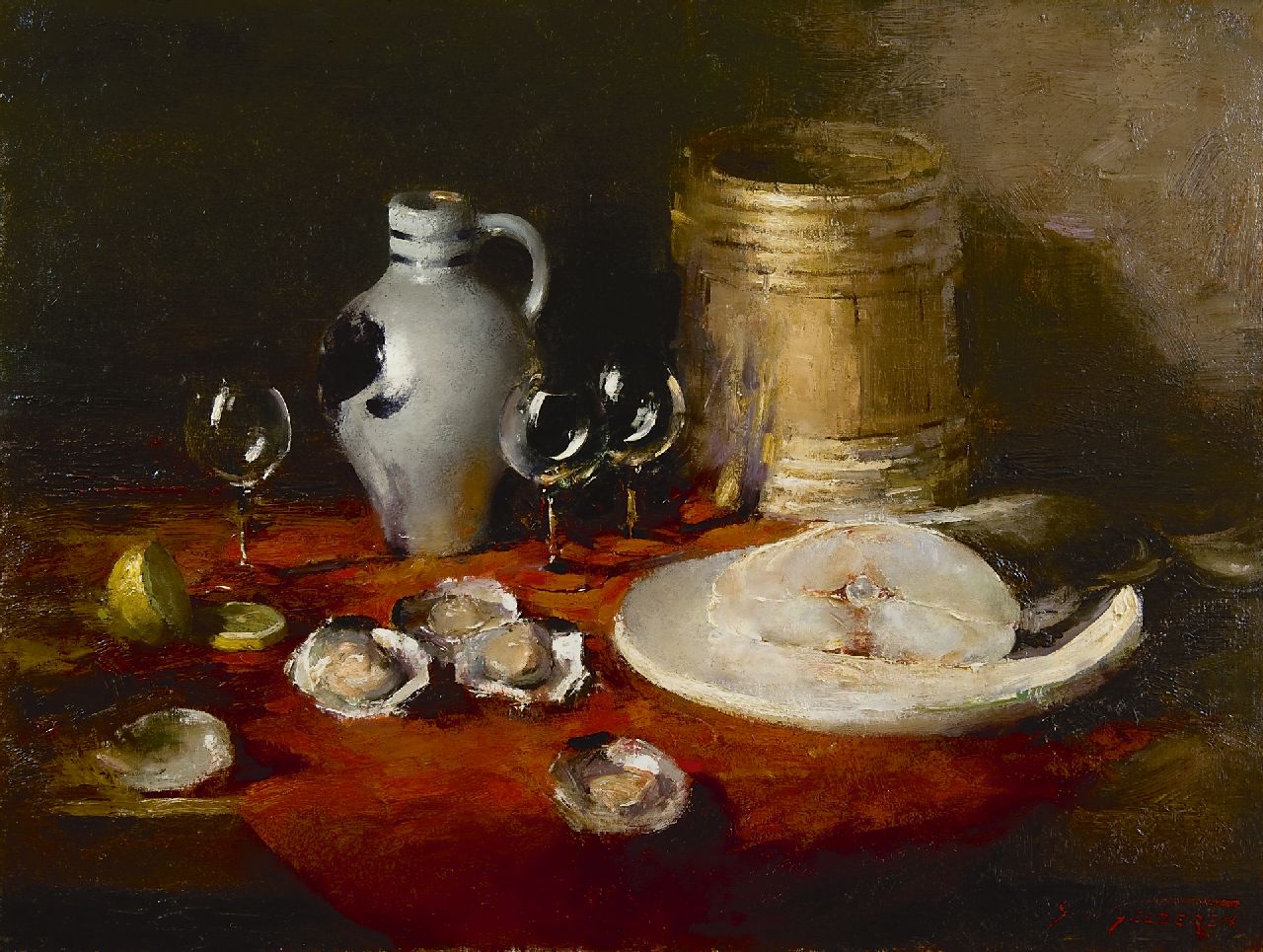 Gelderen S. van | Simon van Gelderen, Stilleben mit Austern, Krug und Fisch, Öl auf Leinwand 60,1 x 80,0 cm, Unterzeichnet r.u.