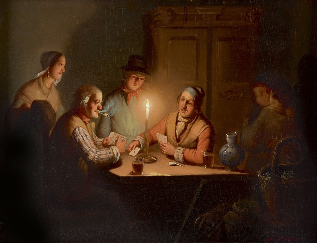 Culverhouse J.M.  | Johan Mengels Culverhouse, Kartenspieler bei Kerzenlicht, mit kosendem Paar, Öl auf Holz 23,6 x 31,2 cm, Unterzeichnet r.u.