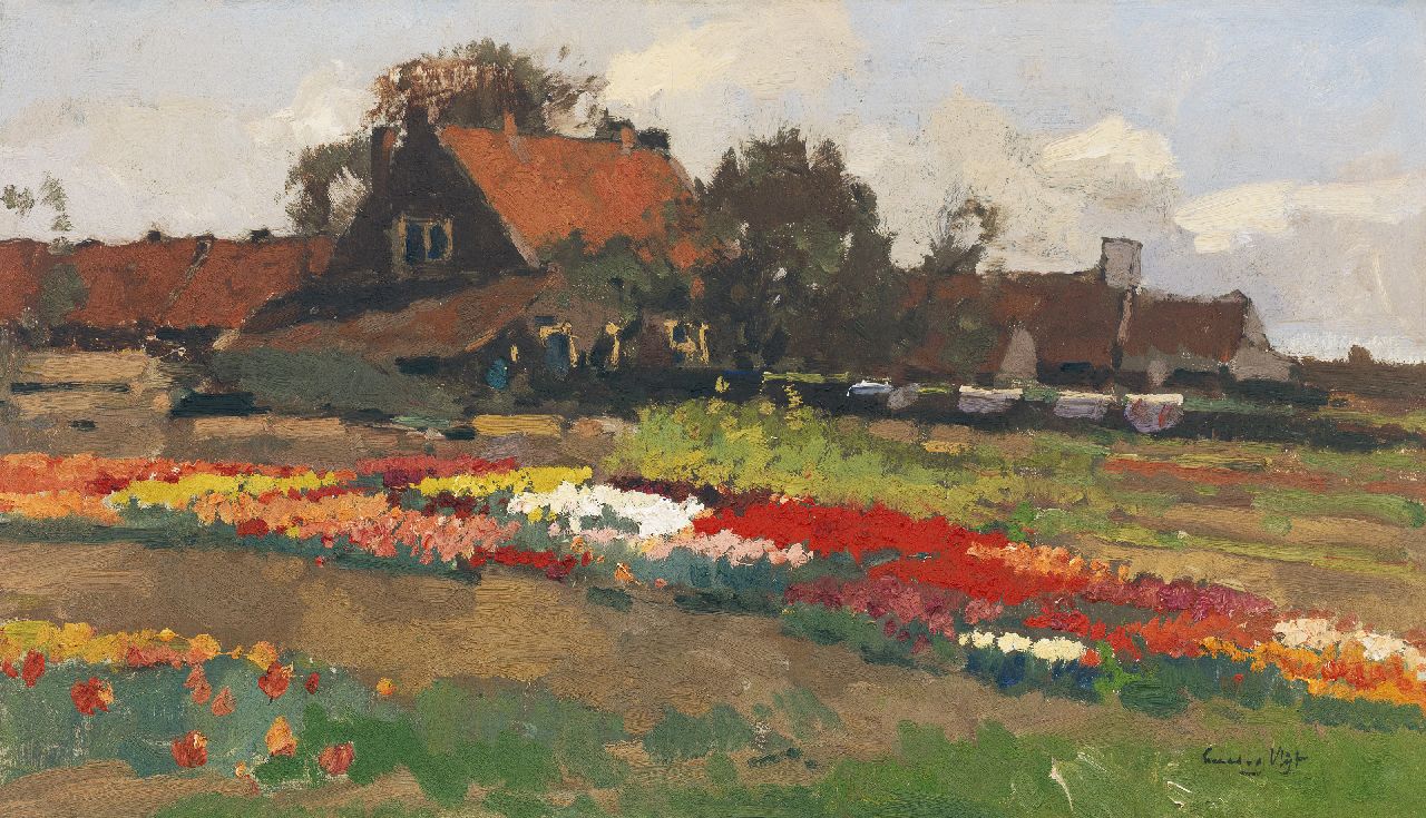 Vlist L. van der | Leendert van der Vlist, Bauernhof zwischen Tulpenzwiebelfeldern, Öl auf Leinwand 36,1 x 60,9 cm, Unterzeichnet u.r.