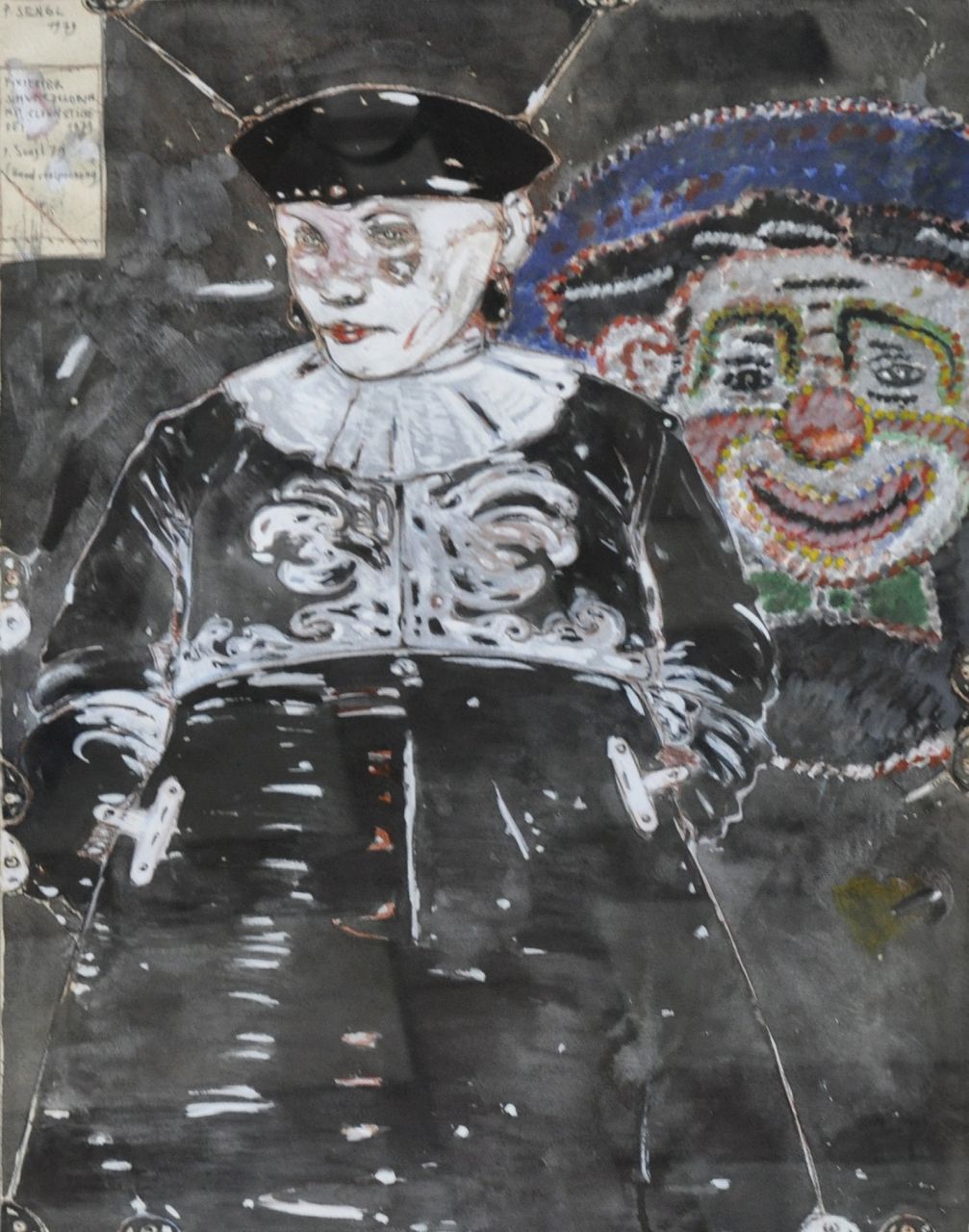 Sengl P.  | Peter Sengl, Fixierter Schwarzclown mit Clownstickerei, Gouache auf Papier 60,5 x 46,7 cm, Unterzeichnet o.l. und datiert 1979