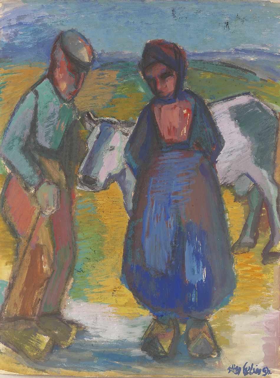 Eelsingh C.  | Christiana 'Stien' Eelsingh, Bauernehepaar mit Kuh, Gouache auf Papier 63,0 x 48,3 cm, Unterzeichnet r.u. und painted ca. 1950-1055