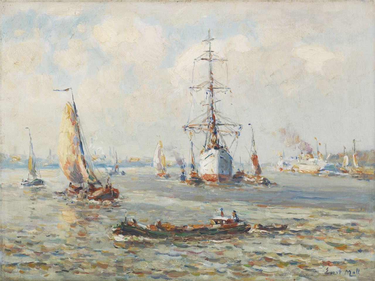 Moll E.  | Evert Moll, Dreimaster auf der Nieuwe Maas bei Rotterdam, Öl auf Leinwand 30,1 x 40,2 cm, Unterzeichnet u.r.