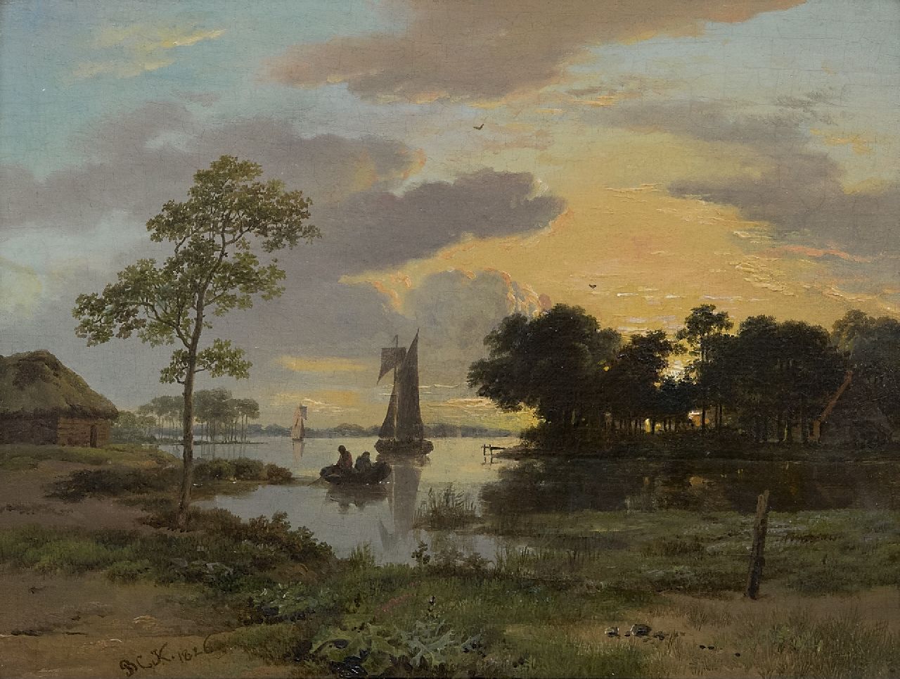 Broek M. van den | Michiel van den Broek | Gemälde zum Verkauf angeboten | Flusslandschaft beim Sonnenuntergang, Öl auf Holz 17,4 x 23,3 cm, Unterzeichnet l.u. mit Initialen und datiert 1826 (privat - nicht zum Verkauf)