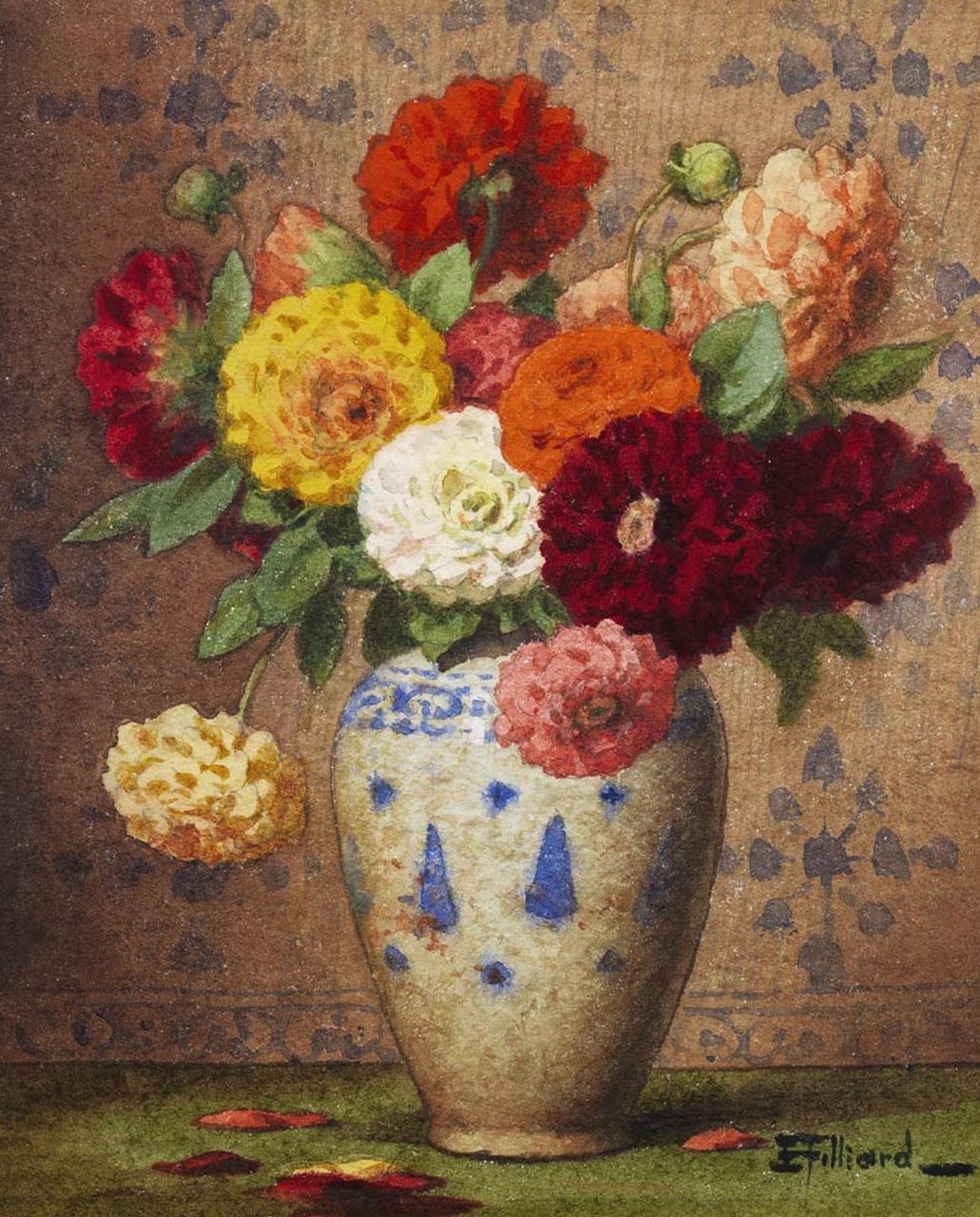 Filliard E.  | Ernest Filliard, Vase mit Dahlien, Aquarell auf Papier 16,5 x 13,5 cm, Unterzeichnet u.r.