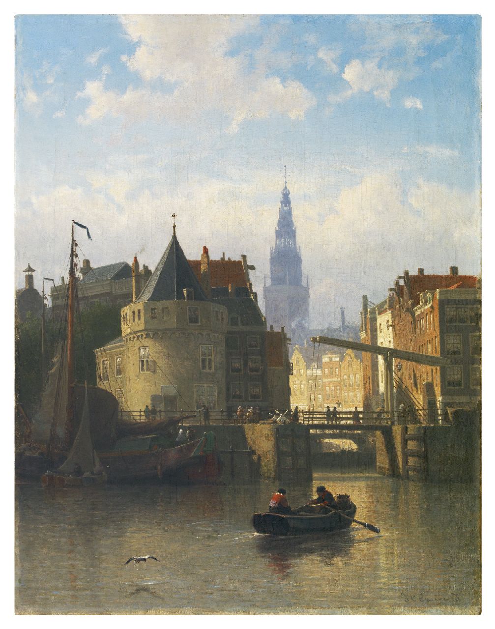 Greive J.C.  | Johan Conrad 'Coen' Greive, Ansicht auf die IJkant, Amsterdam, mit dem Schreierstoren, Öl auf Leinwand 58,9 x 46,8 cm, Unterzeichnet u.r.