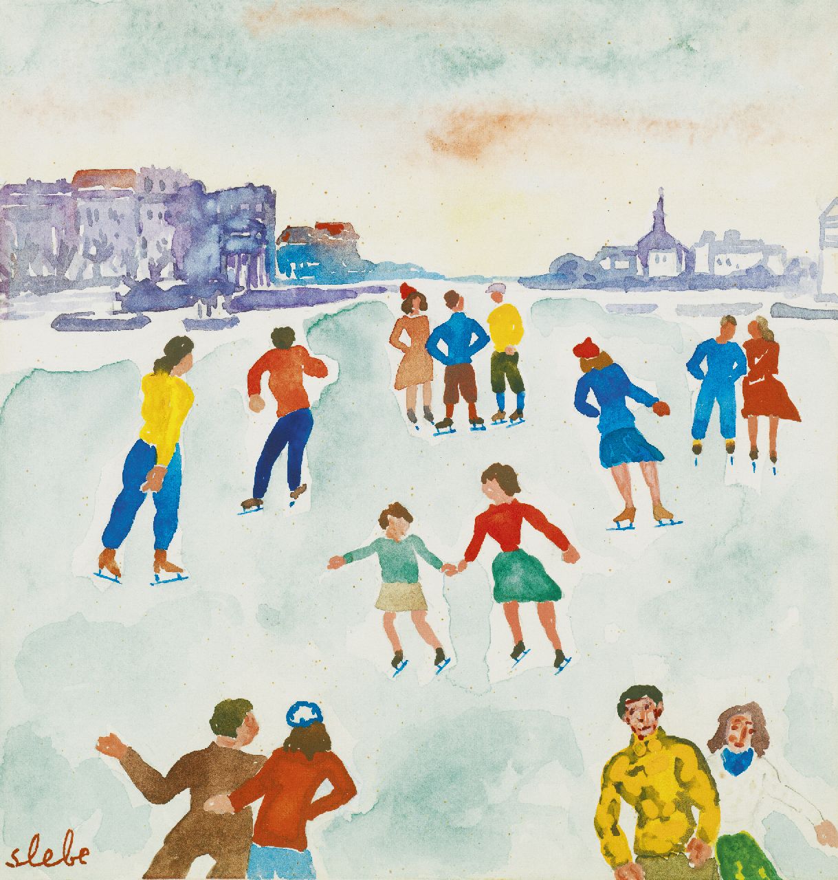 Slebe (Ferdinand Joseph Sleebe) F.  | Ferry Slebe (Ferdinand Joseph Sleebe), Eiskunstläufer auf dem Eis, Aquarell auf Papier 22,5 x 22,4 cm, Unterzeichnet u.l.