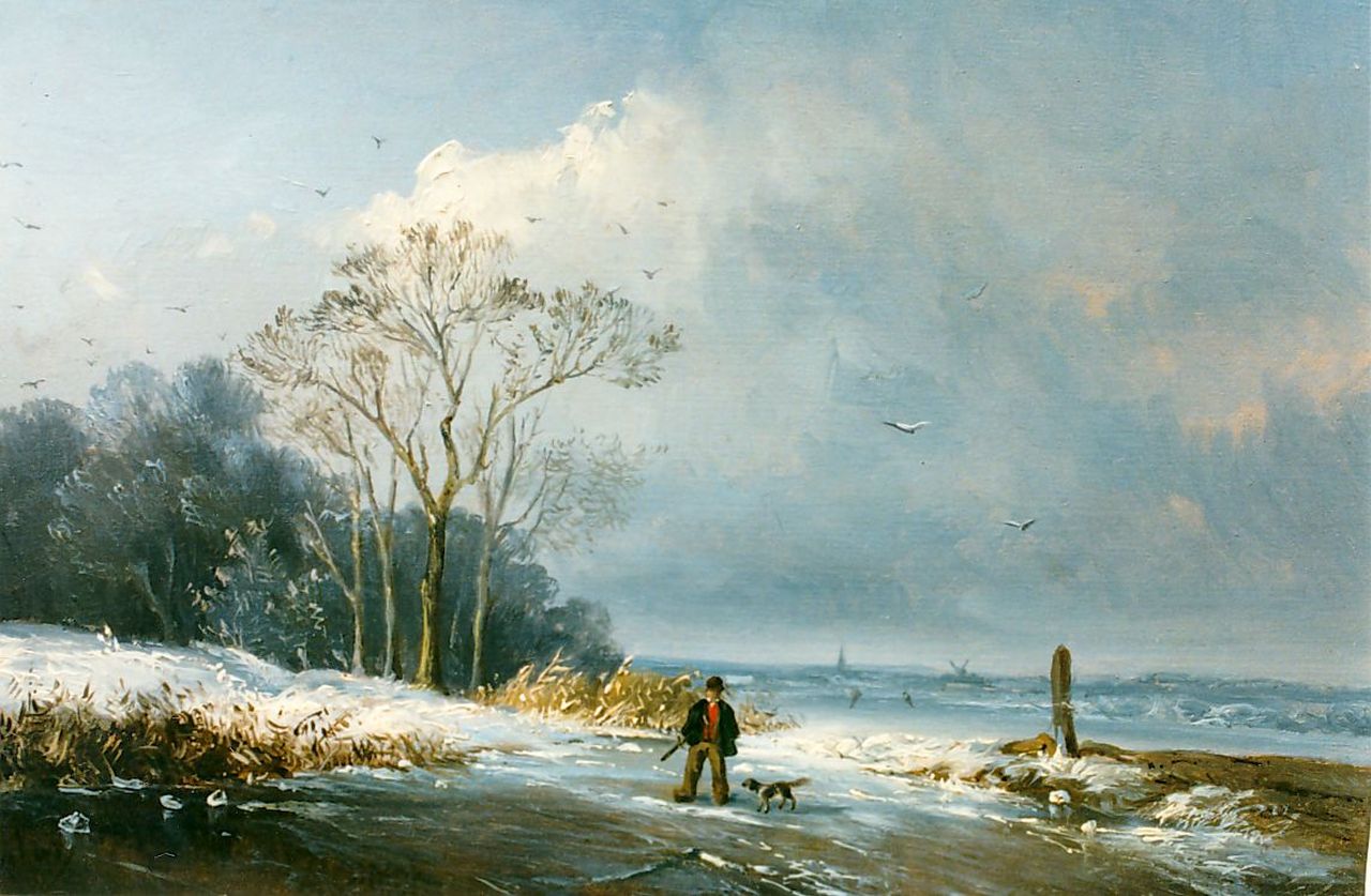 Mulder J.H.  | Jacobus Henricus Mulder, A hunter on a frozen river, Öl auf Holz 17,1 x 23,6 cm