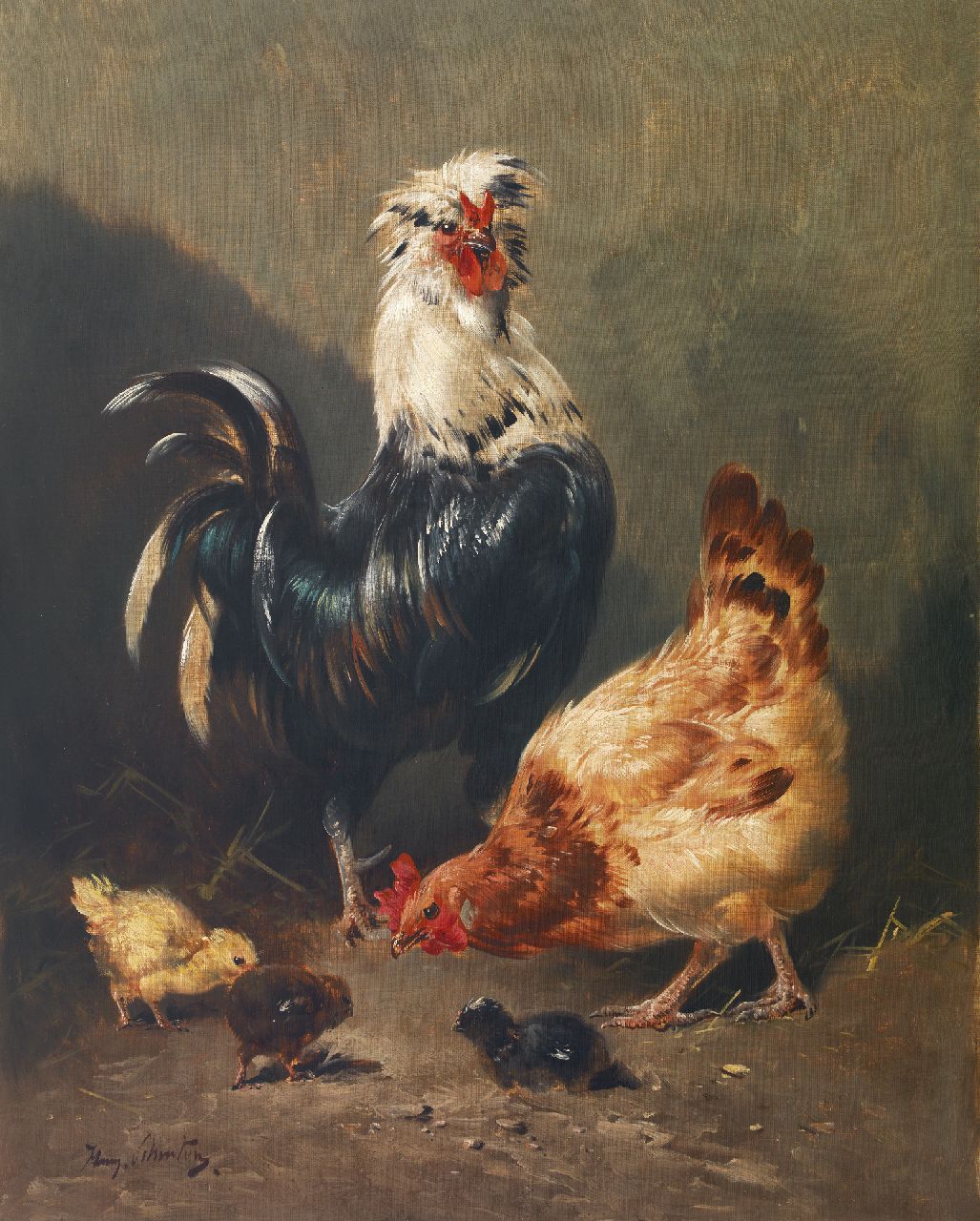 Schouten H.  | Henry Schouten, Zierhühner mit Küken in einer Landschaft, Öl auf Leinwand 99,9 x 79,8 cm, Unterzeichnet u.l.