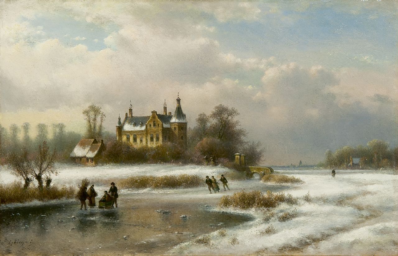 Kleijn L.J.  | Lodewijk Johannes Kleijn, Zugefronener Kanal mit Schlittschuhläufern bei einem Schloss, Öl auf Holz 33,5 x 52,1 cm, Unterzeichnet l.u.