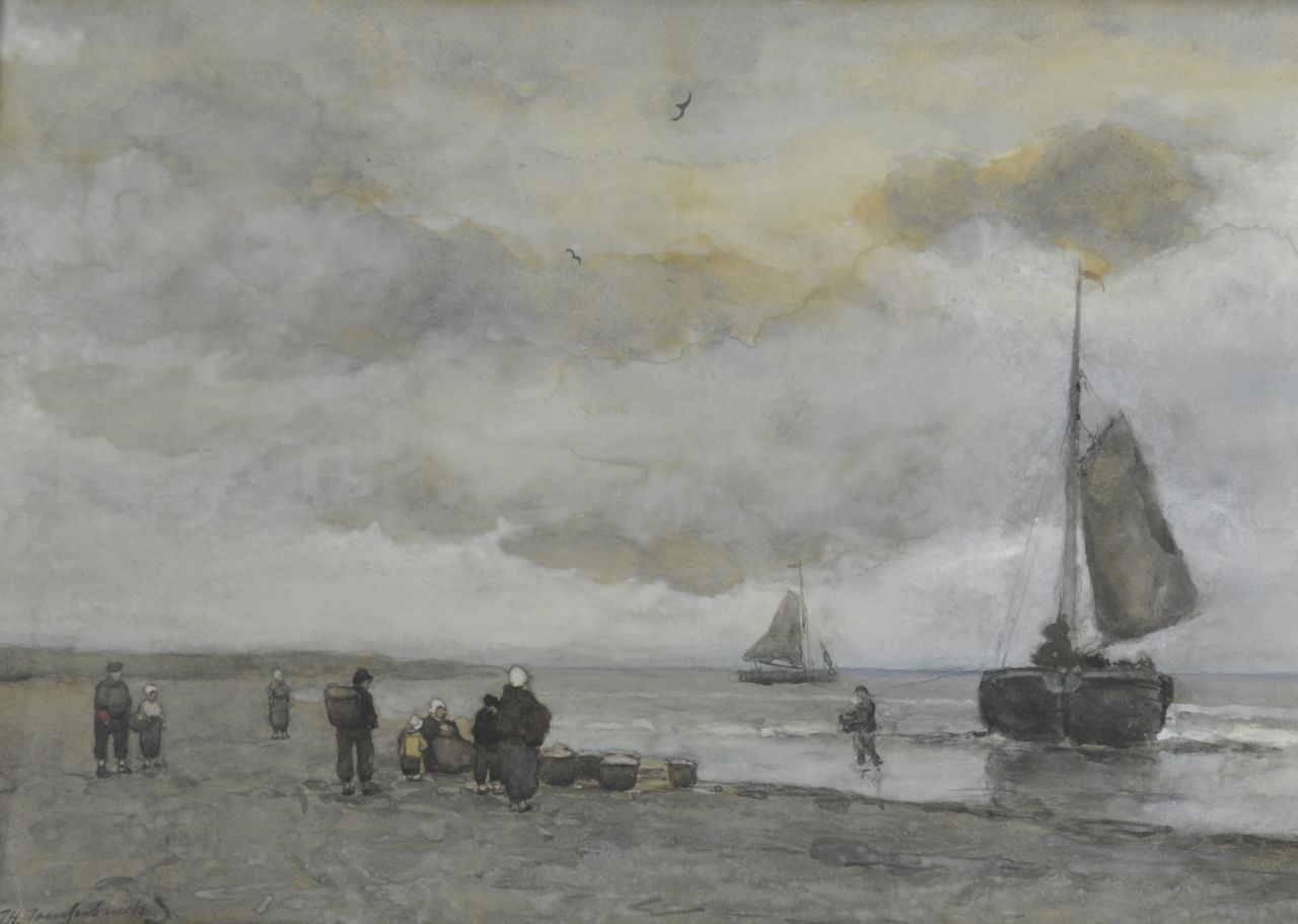 Weissenbruch H.J.  | Hendrik Johannes 'J.H.' Weissenbruch, Strandansicht, Aquarell auf Papier 21,2 x 58,4 cm, Unterzeichnet l.u. und zu datieren um 1895