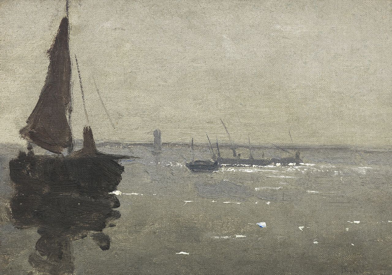 Tholen W.B.  | Willem Bastiaan Tholen, Früher Morgen auf dem Wasser, Öl auf Leinwand auf Holz 15,8 x 22,1 cm, Unterzeichnet r.u.