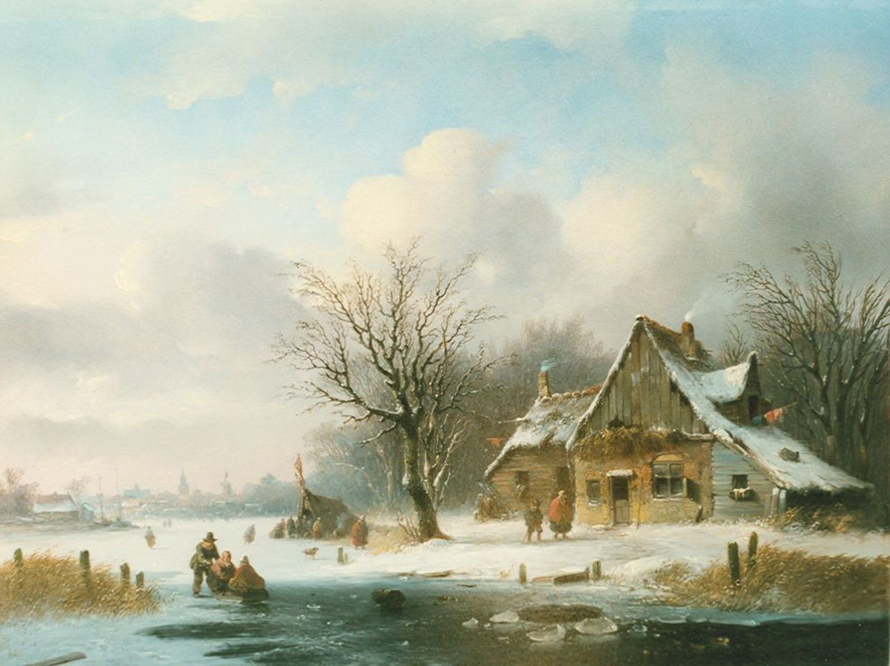 Stok J. van der | Jacobus van der Stok, Skaters and a 'koek en zopie' on the ice, Öl auf Holz 35,5 x 46,4 cm