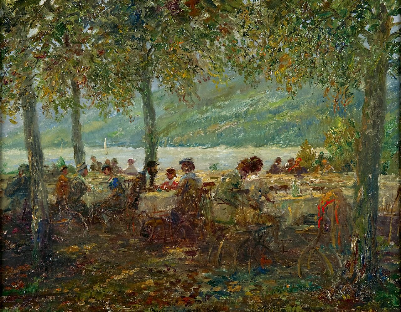Emanuel Bachrach-Barée | Kaffeegarten an einem See, Öl auf Holz, 50,0 x 63,0 cm, Unterzeichnet i.d.M. und datiert 1934