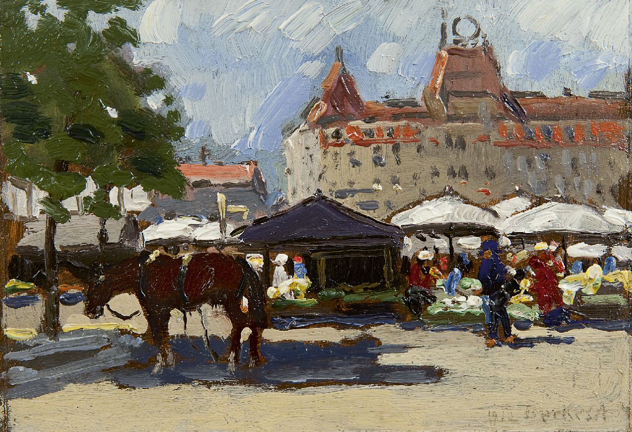 Berkes A.  | Antal Berkes, Marktplatz in Budapest, Öl auf Pappe 15,6 x 22,0 cm, Unterzeichnet r.u. und datiert 1912