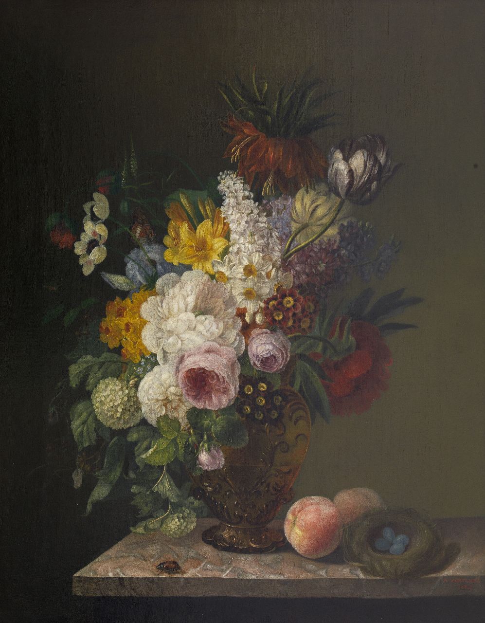 Vervloet A.  | Augustine Vervloet, Blumenstilleben mit Insekt und Vogelnest, Öl auf Leinwand 80,4 x 64,4 cm, Unterzeichnet u.r. und datiert 1888