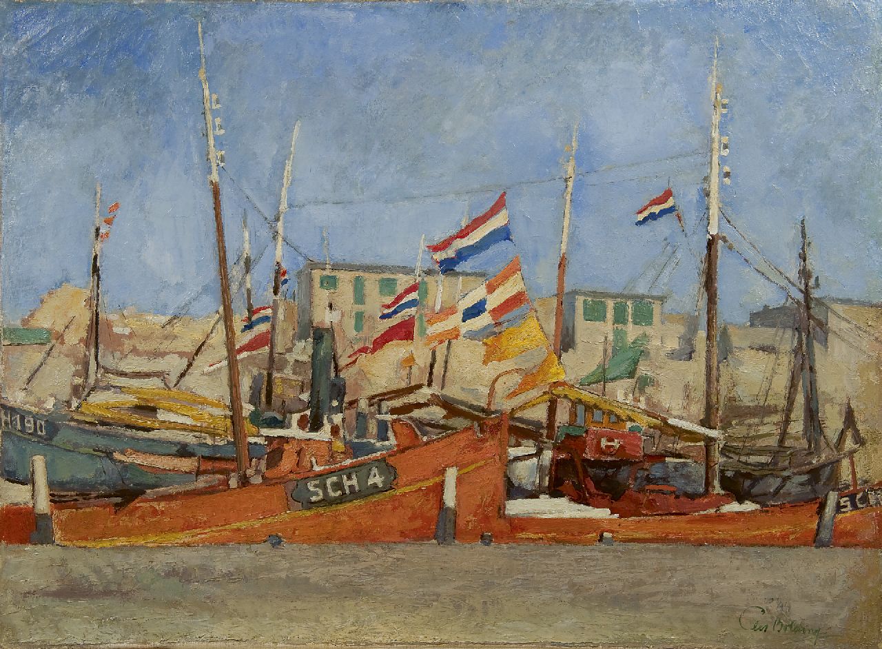 Bolding C.  | Cornelis 'Cees' Bolding, Festtag der Heringsflotte vor dem Auslaufen, Öl auf Leinwand 57,3 x 77,5 cm, Unterzeichnet r.u. und auf Etikett auf dem Keilrahmen