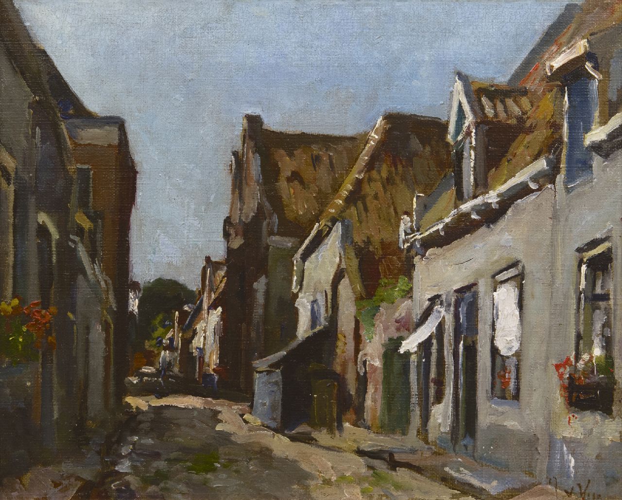 Vuuren J. van | Jan van Vuuren, Sonnige Strasse in Elburg, Öl auf Leinwand 24,4 x 29,5 cm, Unterzeichnet u.r. mit Initialen