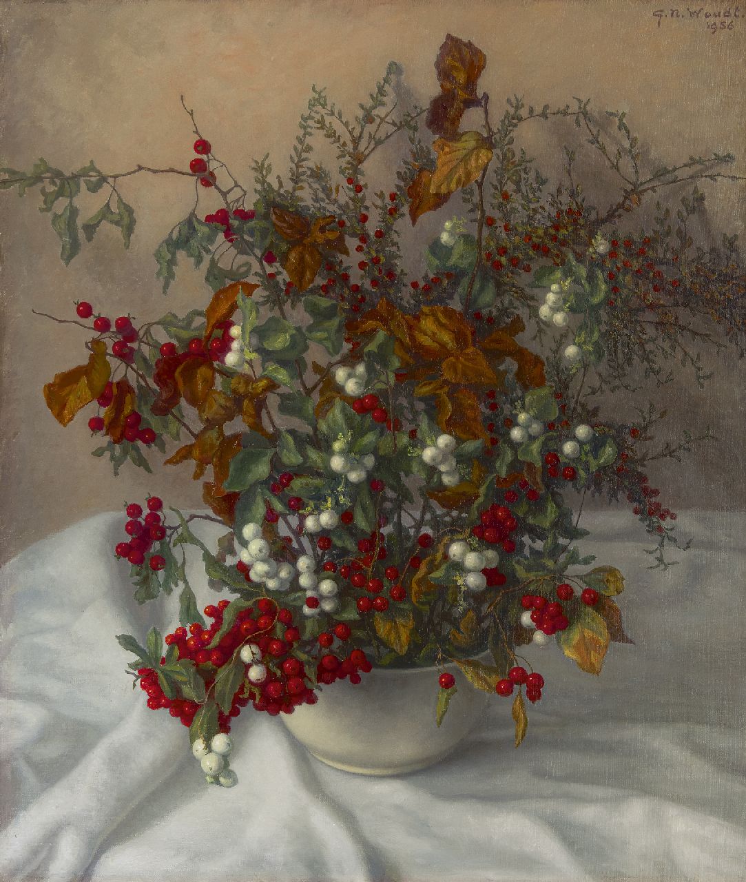 Woudt G.N.  | 'Gerrit' Nicolaas Woudt | Gemälde zum Verkauf angeboten | Stilleben mit Beeren, Öl auf Leinwand 65,2 x 55,4 cm, Unterzeichnet o.r. und datiert 1956